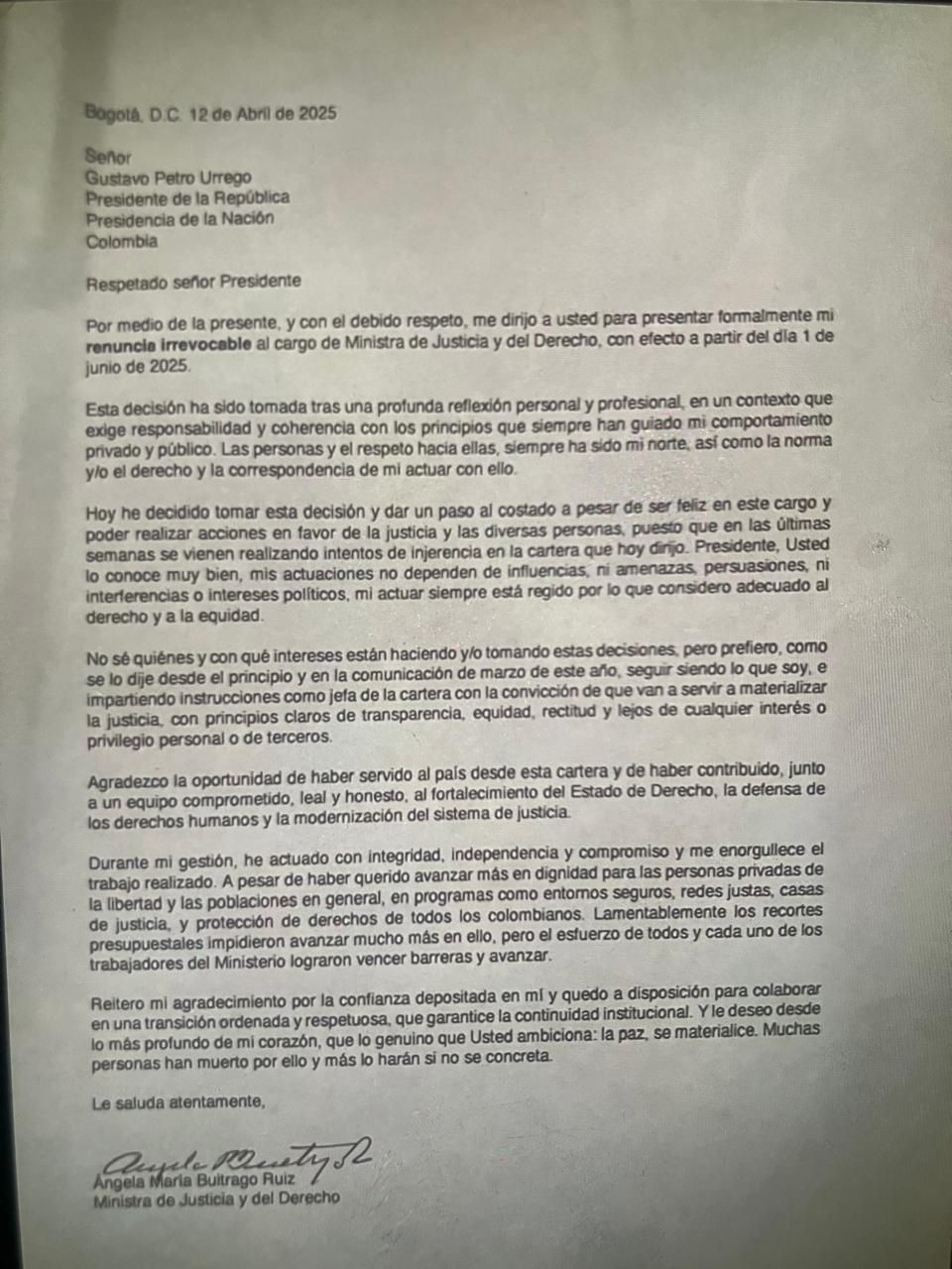 Carta de renuncia, minjusticia