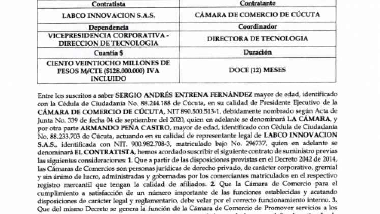 Contrato de Labco Innovación, cuyo representante legal es Armando Peña, con la Cámara de Comercio.
